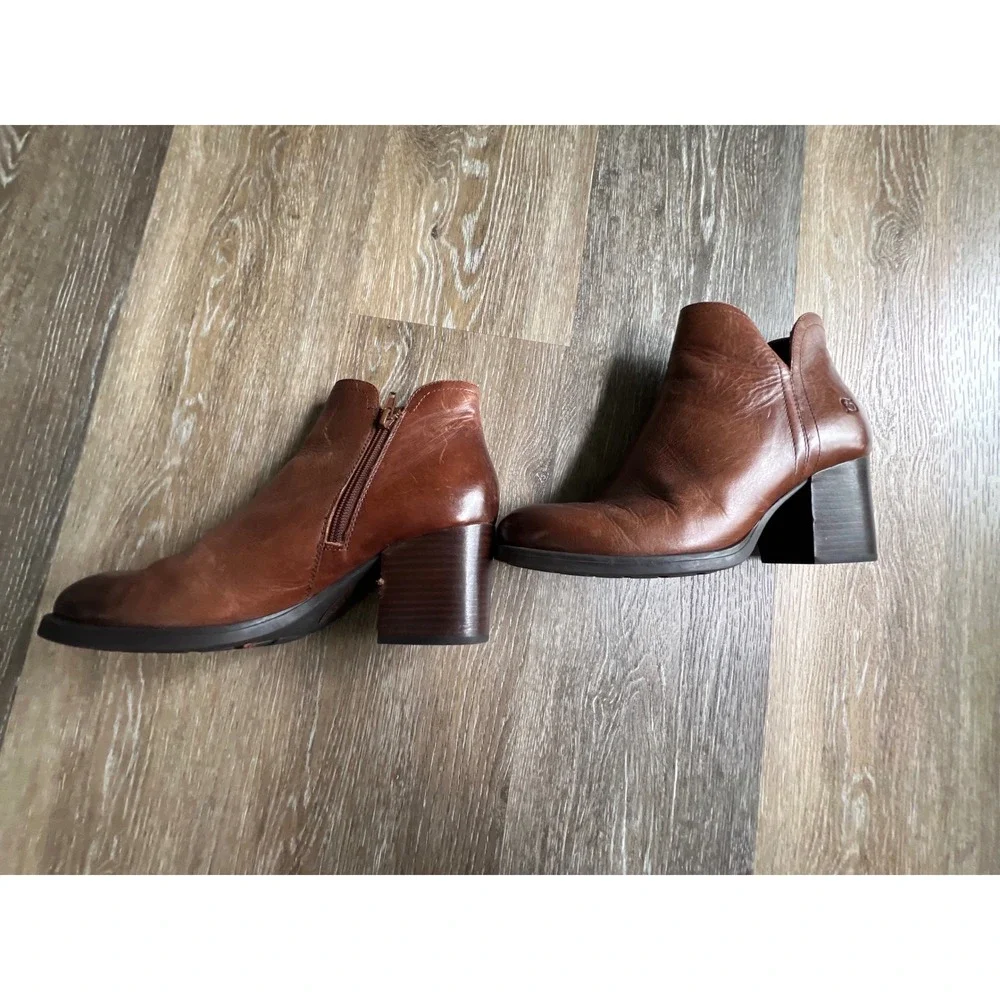 Born Ankle Boots Womens 8 Brown Good Leather Block Heel Side Zip Booties - Picture 5 of 9